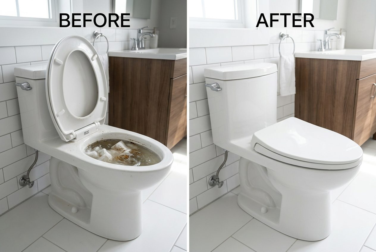 Voor en na foto toilet ontstopping - resultaat Spoedontstopper